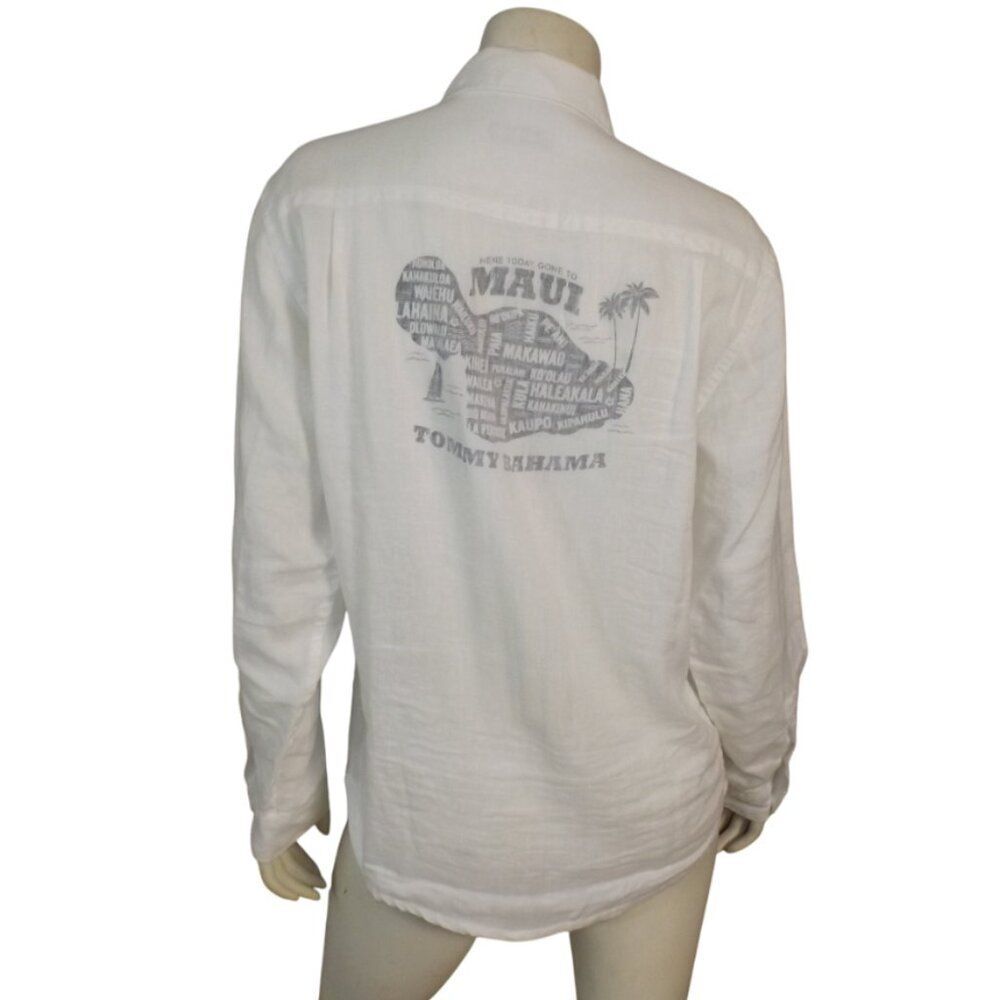 TOMMY BAHAMA Linen Shirt, M, White, Bleed-thru Back Print, Pocket, Long sleeve